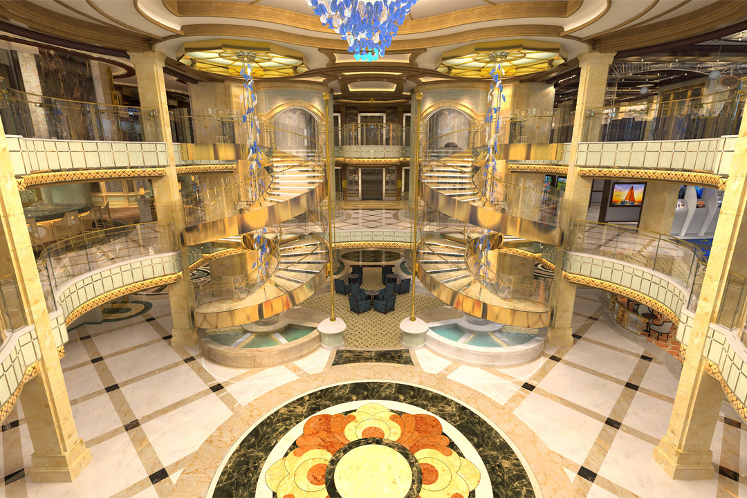  A rendering of the atrium aboard grand <em>Sky Princess</em>.  