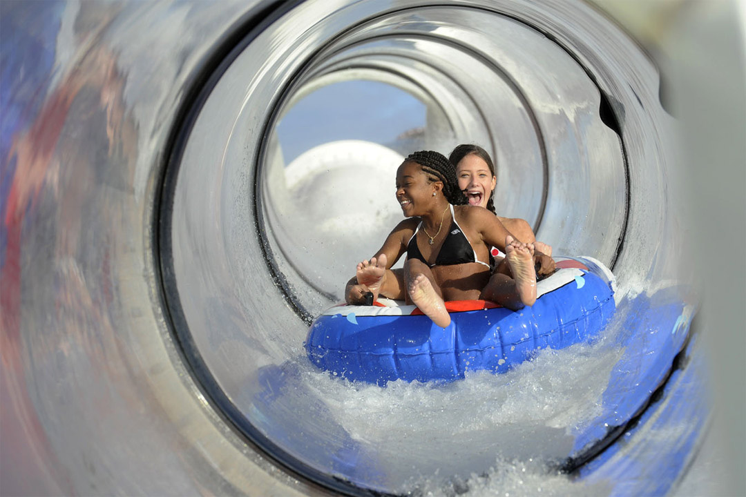  Thrills are plenty on the exciting AquaDunk waterslide! 