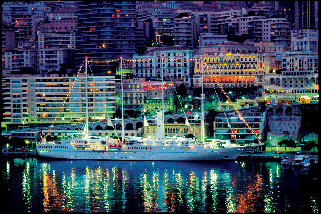  <em>Wind Star</em> docked in Monaco at night.  