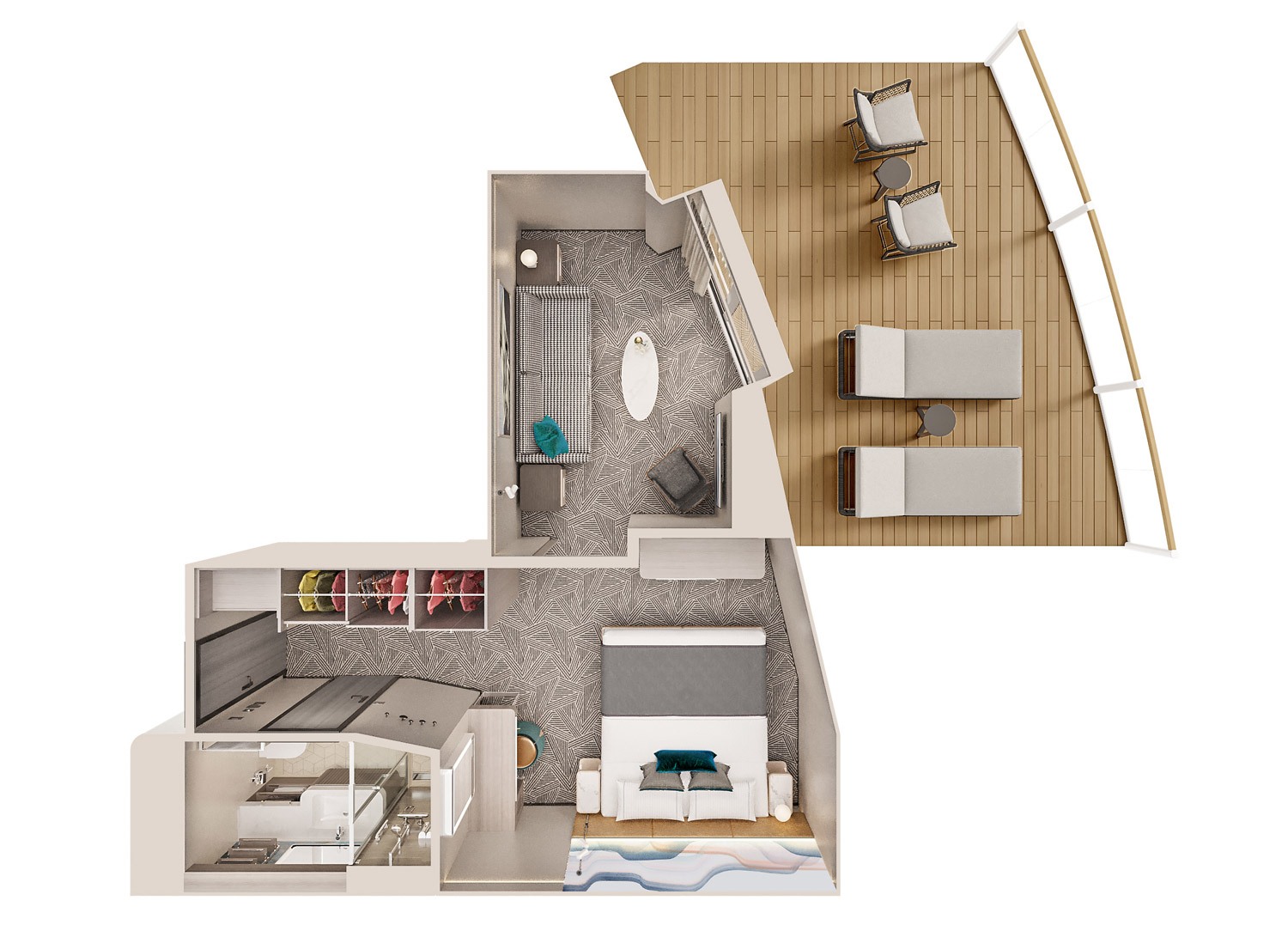 Forward-Facing Suite with Master Bedroom & Large Balcony - Schematic