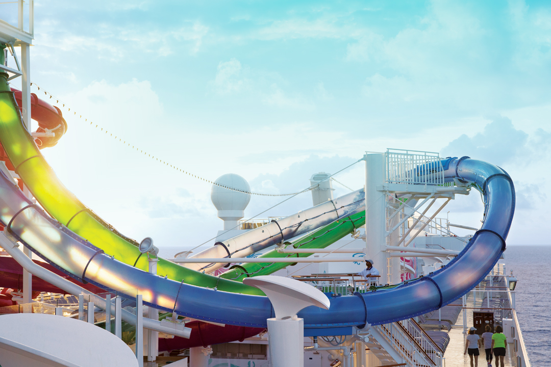 The Aqua Parks of the Norwegian Cruise Line fleet are home to lots of exciting features, including water slides.