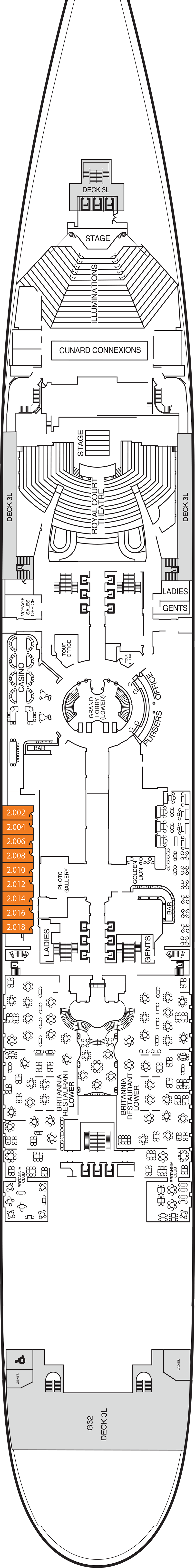 Deck 2 deck plan for Queen Mary 2