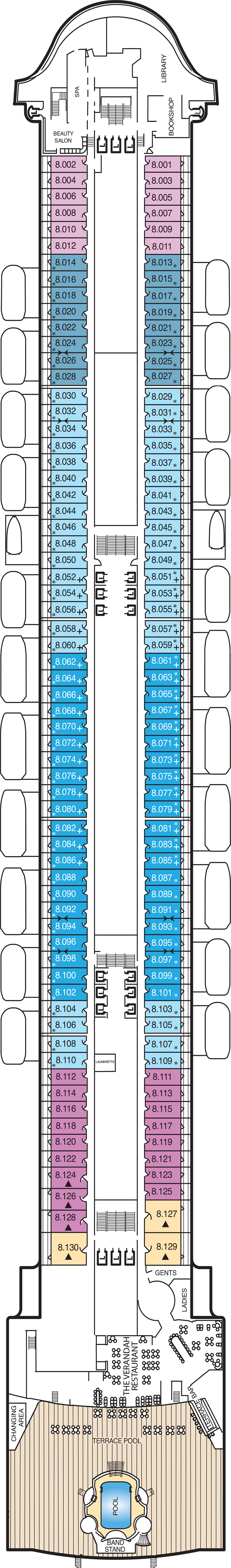 Deck 8 deck plan for Queen Mary 2