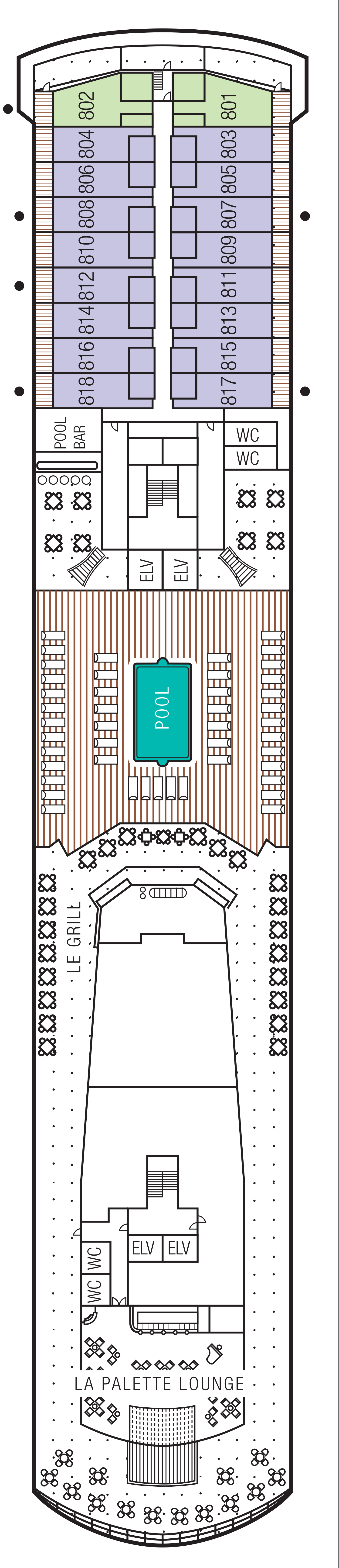 Deck 8 deck plan for m/s Paul Gauguin