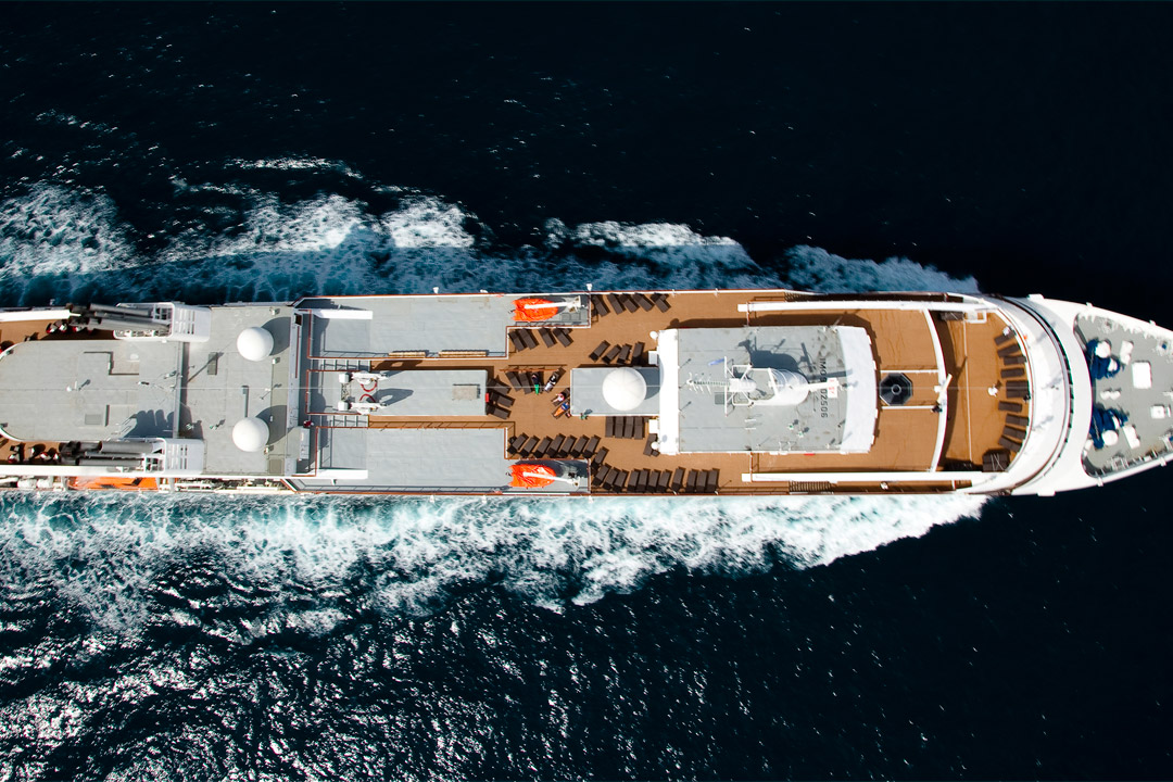  An aerial shot of <em>Le Boreal</em> at sea.
