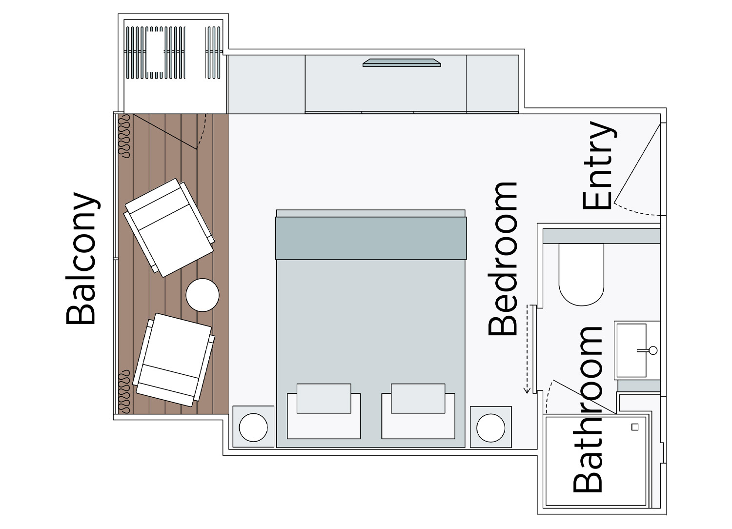 Emerald Panorama Balcony Suite - Room Schematic (note: Suite 202 has a modified entry, a bathroom configuration with personal assistance fittings, and has no decked area with table and chairs).