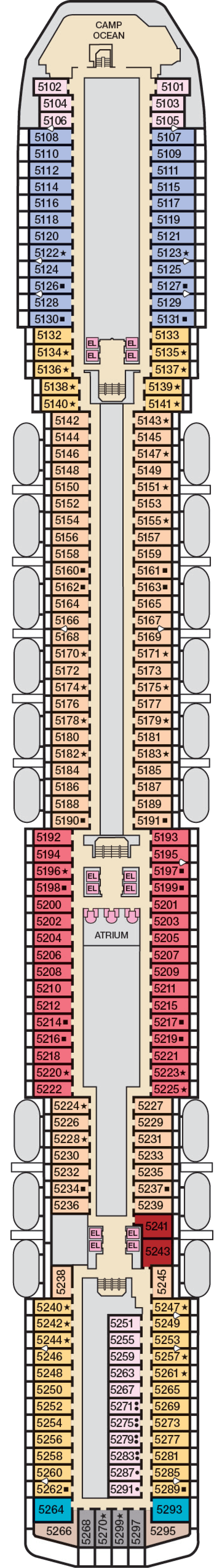 Upper (Deck 5) deck plan for Carnival Miracle