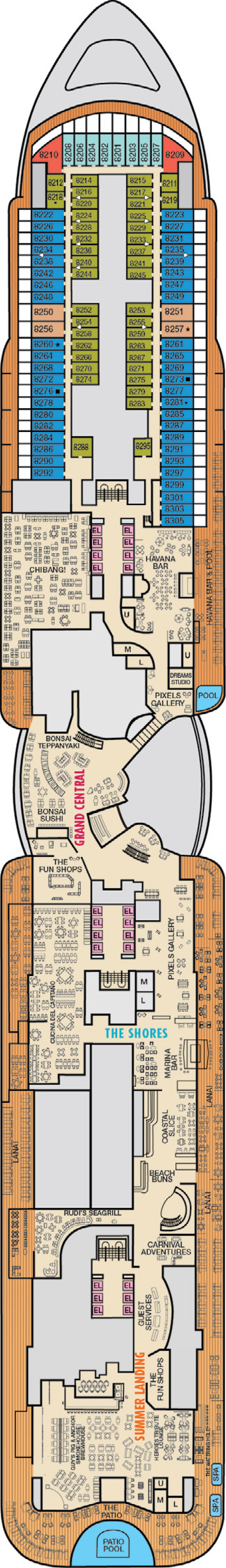 Deck 8 deck plan for Carnival Jubilee