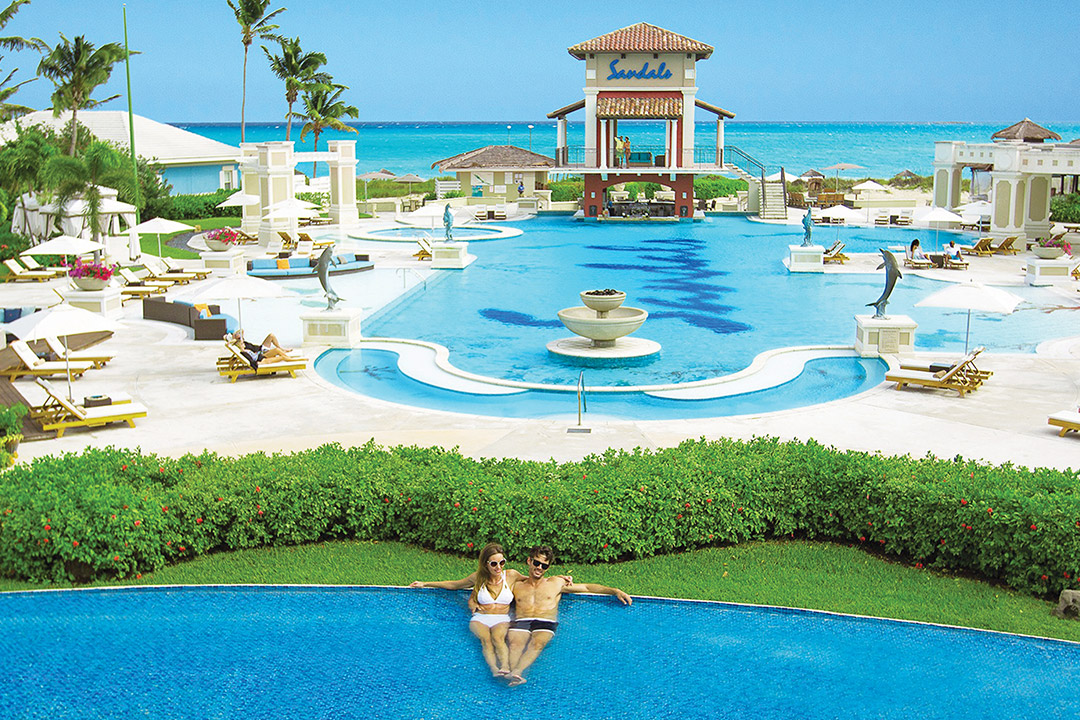 Contact us to book a Sandals vacation. Pictured here is the beautiful Sandals Barbados resort.